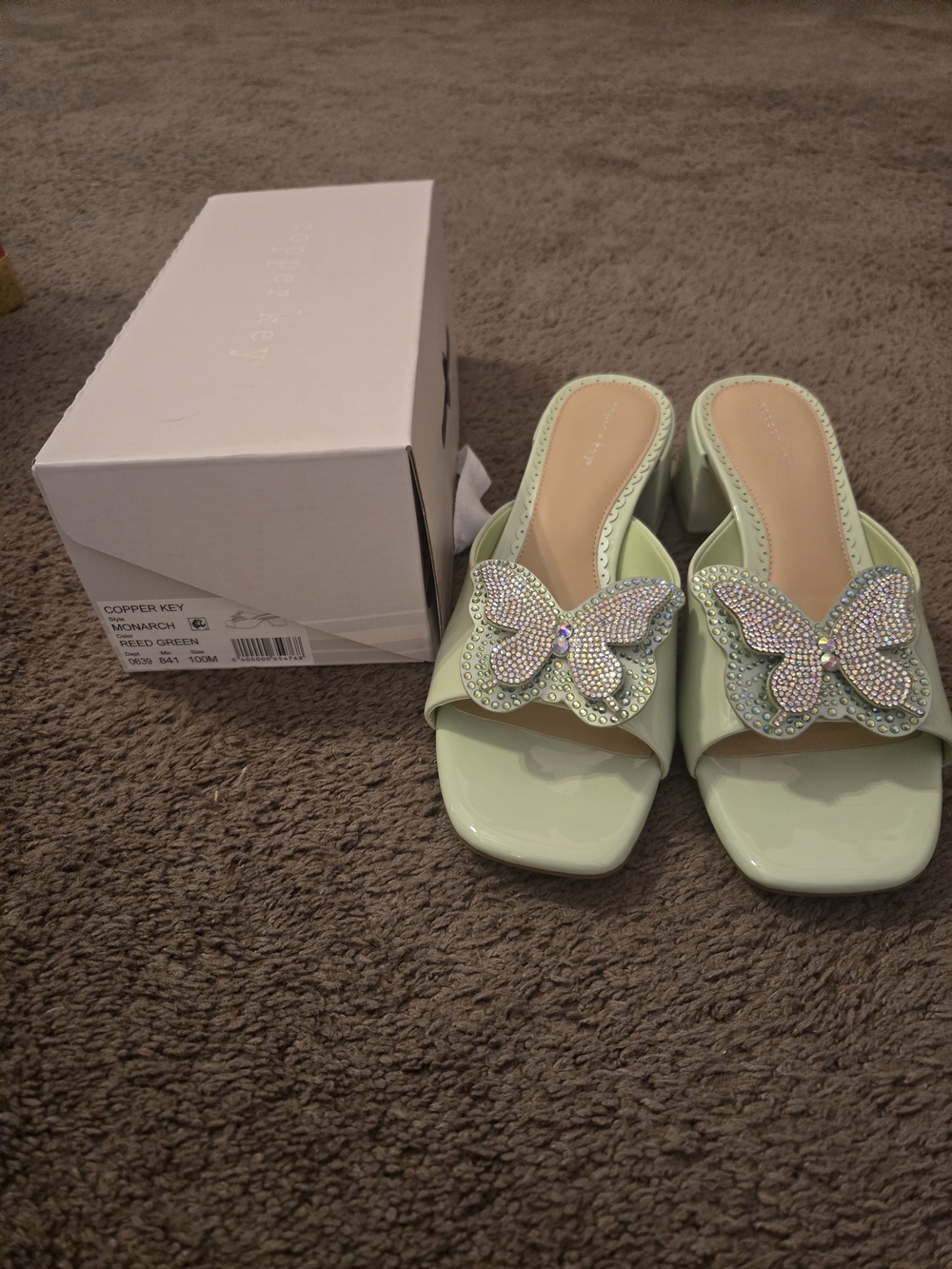 Copper Key Pale Green Butterfly Embellished Slide Mules
